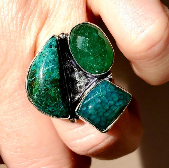 New Chrysocolla, Dragon Veins Agate, Emerald 925 Silver Ring. - Picture 3 of 16